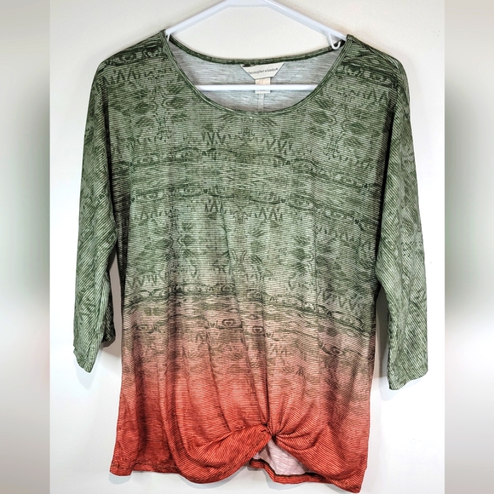 CJ Banks Womens Large Green Red 3/4 Sleeves Crew Neck Knot Hem Pullover NWT.